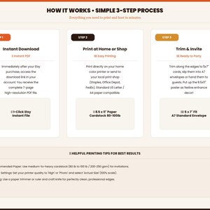 May include: An infographic titled How It Works Simple 3-Step Process detailing an instant download, print, and trim procedure. It includes instructions for 8.5 x 11 inch paper, 5 x 7 inch cards, and helpful printing tips for best results.