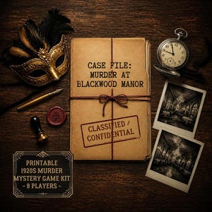 1920-tals maskerad mordmysterie spelkit utskrivbart, mord på Blackwood Manor middagsbjudning, 8 misstänkta fallfil direktnedladdning