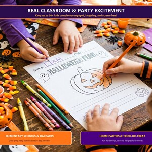 May include: A white paper activity sheet titled HALLOWEEN FUN with a pumpkin illustration, being coloured with orange and purple crayons. The sheet includes lines for a name and date, surrounded by candy corn, small pumpkins, and ghost-themed decor.
