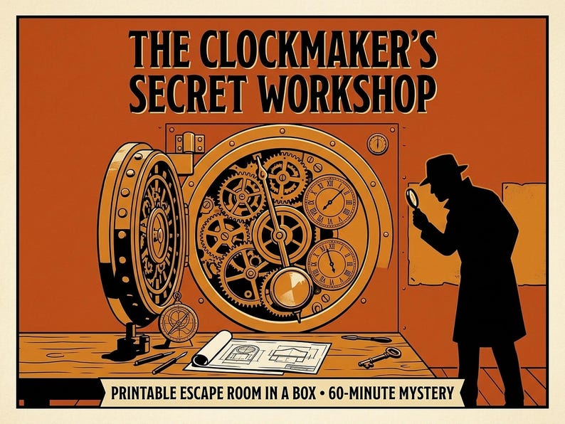 Clockmaker's Workshop Escape Room Kit, Brass Cipher Wheel, 60-Minute Mystery Game (Digital Download) image 1