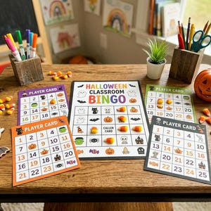 May include: A Halloween classroom bingo game set featuring a central caller card and four player cards in purple, orange, green, and black. The cards display numbered grids with icons of ghosts, pumpkins, bats, and candy corn markers on a wooden table.