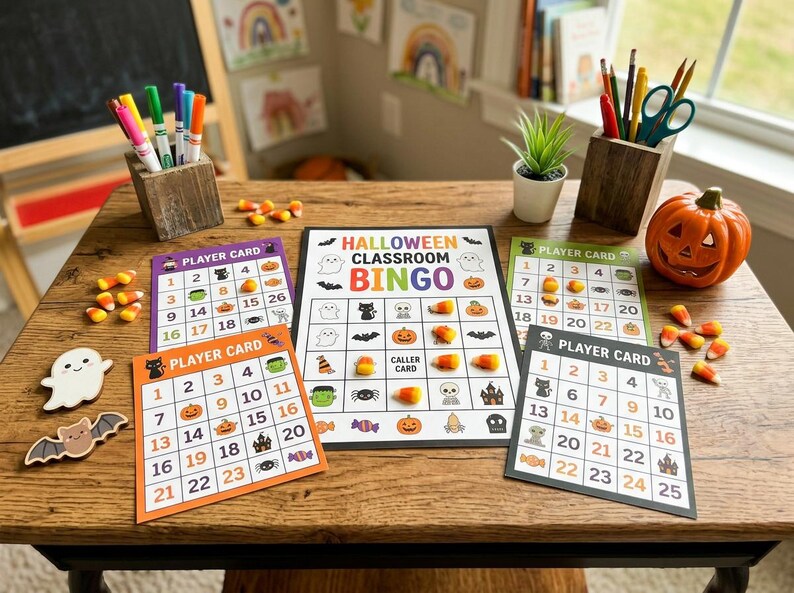 May include: A Halloween classroom bingo game set featuring a central caller card and four player cards in purple, orange, green, and black. The cards display numbered grids with icons of ghosts, pumpkins, bats, and candy corn markers on a wooden table.