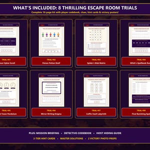 May include: A 16-page escape room kit featuring 8 distinct trials including Caesar Cipher Scroll, Poison Potion Shelf, Spider's Web Matrix, Witch's Spellbook Runes, Clock Tower Pendulum, Mirror Writing Enigma, Coffin Vault Labyrinth, and Final Banishing Spell.