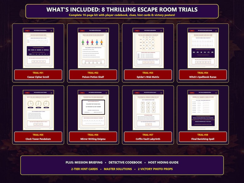 May include: A 16-page escape room kit featuring 8 distinct trials including Caesar Cipher Scroll, Poison Potion Shelf, Spider's Web Matrix, Witch's Spellbook Runes, Clock Tower Pendulum, Mirror Writing Enigma, Coffin Vault Labyrinth, and Final Banishing Spell.