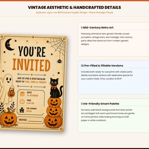 May include: A Halloween party invitation card featuring the text YOU'RE INVITED, a ghost holding a pumpkin, a black cat sitting on a stack of three pumpkins, a crescent moon, a spider web, and fields for date, time, location, and RSVP.