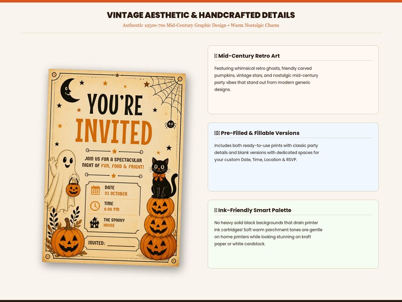 May include: A Halloween party invitation card featuring the text YOU'RE INVITED, a ghost holding a pumpkin, a black cat sitting on a stack of three pumpkins, a crescent moon, a spider web, and fields for date, time, location, and RSVP.
