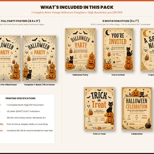 May include: A digital pack of 7 retro Halloween templates including two 8.5x11 inch posters and five 5x7 inch invitations. The designs feature ghosts, black cats, pumpkins, and spiderwebs with text like Halloween Party and Trick or Treat.