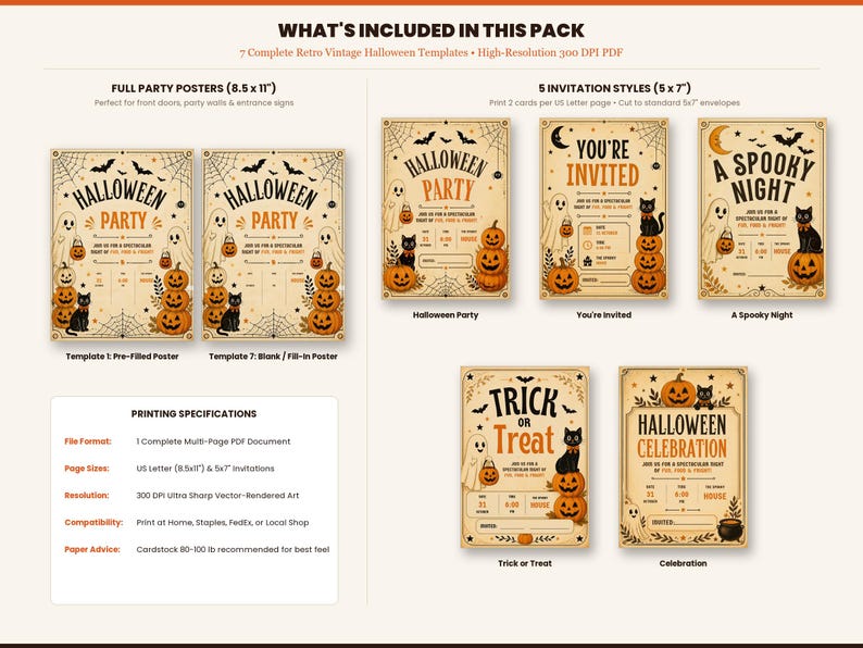 May include: A digital pack of 7 retro Halloween templates including two 8.5x11 inch posters and five 5x7 inch invitations. The designs feature ghosts, black cats, pumpkins, and spiderwebs with text like Halloween Party and Trick or Treat.