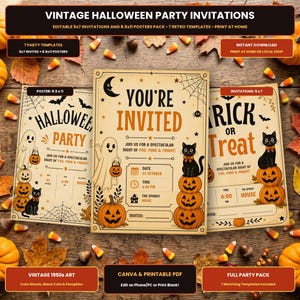 May include: A set of vintage Halloween party invitation and poster templates featuring illustrations of ghosts, black cats, and pumpkins. The text includes 'You're Invited', 'Halloween Party', and 'Trick or Treat' with blank lines for event details.