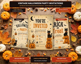 Vintage-Halloween-Party-Einladungen, Retro-Kunst der 1950er Jahre, gruselige Geister, Kürbisse (Sofortiger PDF-Download)
