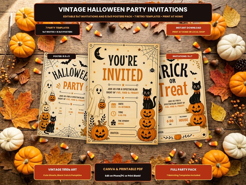 May include: A set of vintage Halloween party invitation and poster templates featuring illustrations of ghosts, black cats, and pumpkins. The text includes 'You're Invited', 'Halloween Party', and 'Trick or Treat' with blank lines for event details.