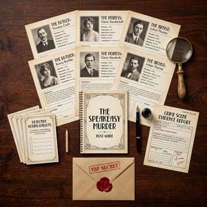 May include: A murder mystery game kit featuring character profile cards, a spiral-bound host guide titled The Speakeasy Murder, detective voting ballots, a crime scene evidence report, a magnifying glass, a fountain pen, and a sealed envelope.