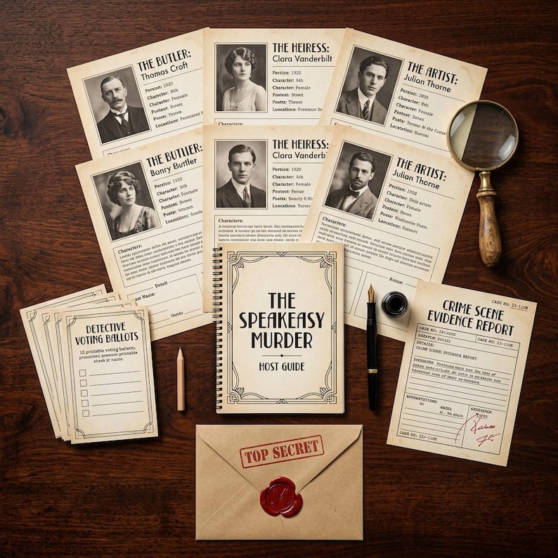 May include: A murder mystery game kit featuring character profile cards, a spiral-bound host guide titled The Speakeasy Murder, detective voting ballots, a crime scene evidence report, a magnifying glass, a fountain pen, and a sealed envelope.