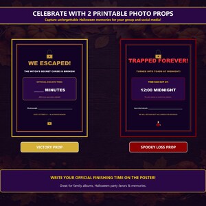 May include: Two printable Halloween photo props featuring dark purple backgrounds with gold and red borders. The left sign reads WE ESCAPED! and the right sign reads TRAPPED FOREVER! with spaces for team names, dates, and times to be written in.