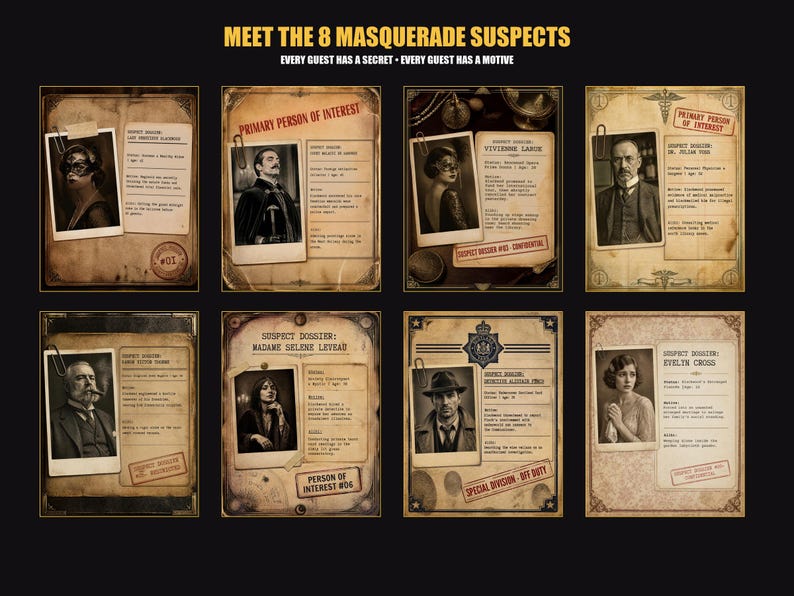 K&ouml;nnte beinhalten: Eine Sammlung von acht Dossier-Karten im Vintage-Stil mit dem Titel Meet the 8 Masquerade Suspects. Jede Karte enth&auml;lt ein sepiafarbenes Portr&auml;t, eine B&uuml;roklammer und gedruckte biografische Details zu Charakteren wie Vivienne Larue.