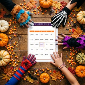 May include: A Halloween Bingo game card featuring a grid with text, surrounded by orange pumpkins, autumn leaves, and candy corn. The card has a purple header with the text Halloween Bingo and a central free space, displayed on a wooden surface.
