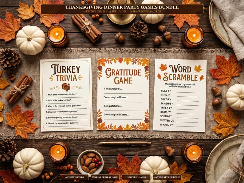May include: A Thanksgiving dinner party games bundle featuring three printed cards titled Turkey Trivia, Gratitude Game, and Word Scramble. The cards are decorated with autumn leaves and include text for party activities and game questions.