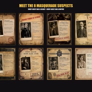 May include: A set of eight vintage-style suspect dossier cards for a masquerade mystery game. Each card features a sepia-toned portrait, a paperclip, and printed text details. The header reads MEET THE 8 MASQUERADE SUSPECTS, EVERY GUEST HAS A SECRET, EVERY GUEST HAS A MOTIVE.