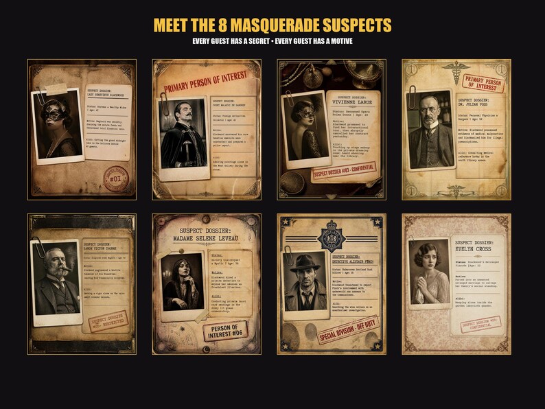 May include: A set of eight vintage-style suspect dossier cards for a masquerade mystery game. Each card features a sepia-toned portrait, a paperclip, and printed text details. The header reads MEET THE 8 MASQUERADE SUSPECTS, EVERY GUEST HAS A SECRET, EVERY GUEST HAS A MOTIVE.
