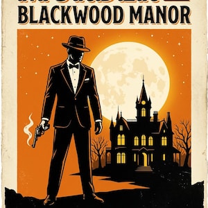 May include: A game poster titled MURDER AT BLACKWOOD MANOR featuring a silhouette of a person in a suit and fedora holding a smoking revolver. The background shows a large moon and a dark mansion. The bottom banner reads 6 PLAYERS 12 CLUES 1 KILLER.
