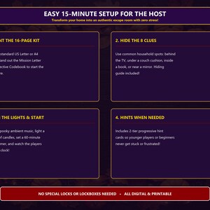 May include: A dark purple infographic titled EASY 15-MINUTE SETUP FOR THE HOST. It outlines four steps: 1. PRINT THE 16-PAGE KIT, 2. HIDE THE 8 CLUES, 3. DIM THE LIGHTS & START, and 4. HINTS WHEN NEEDED. A red banner at the bottom states NO SPECIAL LOCKS OR LOCKBOXES NEEDED - ALL DIGITAL & PRINTABLE.