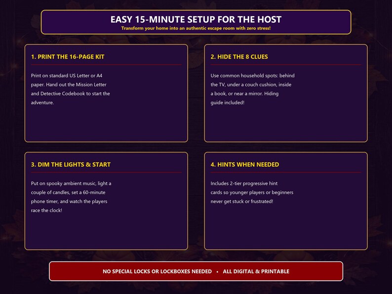 May include: A dark purple infographic titled EASY 15-MINUTE SETUP FOR THE HOST. It outlines four steps: 1. PRINT THE 16-PAGE KIT, 2. HIDE THE 8 CLUES, 3. DIM THE LIGHTS & START, and 4. HINTS WHEN NEEDED. A red banner at the bottom states NO SPECIAL LOCKS OR LOCKBOXES NEEDED - ALL DIGITAL & PRINTABLE.
