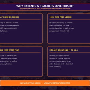 May include: A dark purple informational graphic titled WHY PARENTS & TEACHERS LOVE THIS KIT. It outlines features for a printable Halloween game set, including printing on A4 paper, zero prep requirements, reusability, and group size flexibility for 30+.