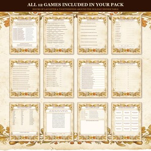 May include: A collection of 12 printable Thanksgiving game sheets arranged in a grid on a parchment-style background with autumn leaf and acorn borders. The text reads ALL 12 GAMES INCLUDED IN YOUR PACK and HOURS OF LAUGHTER & TOGETHERNESS.