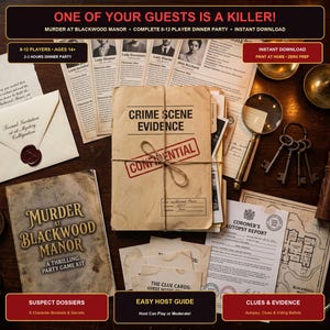 K&ouml;nnte beinhalten: Ein Krimi-Partyspiel-Set mit dem Titel Murder at Blackwood Manor, bestehend aus einer Tatort-Beweismappe, Verd&auml;chtigen-Dossiers, Hinweiskarten, einem Autopsiebericht, einer Lupe, alten Schl&uuml;sseln und einer Taschenuhr.