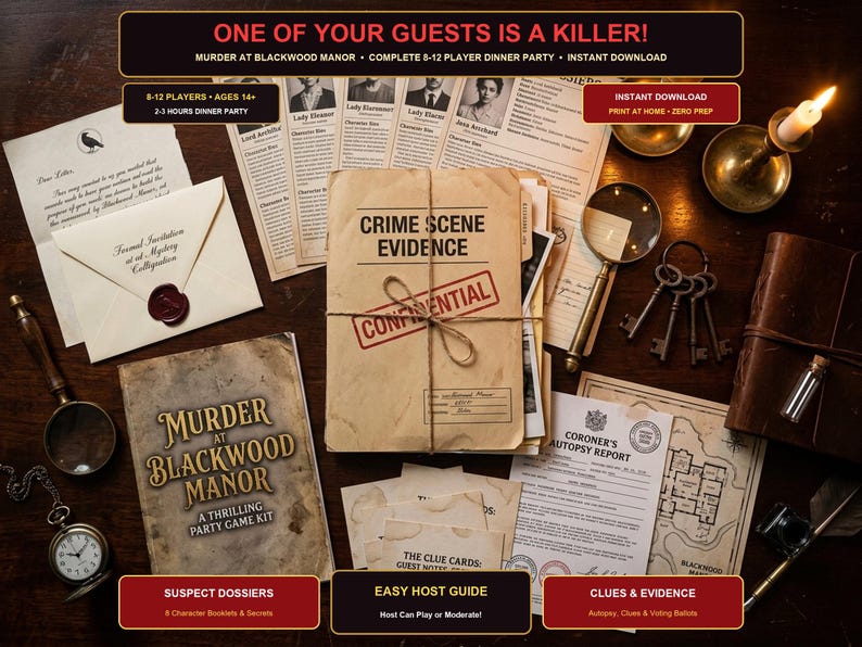 K&ouml;nnte beinhalten: Ein Krimi-Partyspiel-Set mit dem Titel Murder at Blackwood Manor, bestehend aus einer Tatort-Beweismappe, Verd&auml;chtigen-Dossiers, Hinweiskarten, einem Autopsiebericht, einer Lupe, alten Schl&uuml;sseln und einer Taschenuhr.