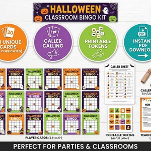 May include: A Halloween classroom bingo kit featuring 30 unique player cards measuring 3.5 by 4.5 inches, a caller sheet, printable tokens, and a teacher guide. The set includes colorful cards with pumpkin, ghost, and witch graphics.