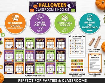 May include: A Halloween classroom bingo kit featuring 30 unique player cards measuring 3.5 by 4.5 inches, a caller sheet, printable tokens, and a teacher guide. The set includes colourful cards with pumpkin, ghost, and witch graphics.