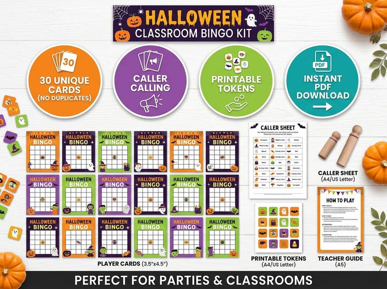 May include: A Halloween classroom bingo kit featuring 30 unique player cards measuring 3.5 by 4.5 inches, a caller sheet, printable tokens, and a teacher guide. The set includes colorful cards with pumpkin, ghost, and witch graphics.