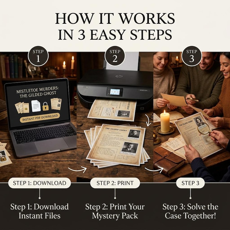 May include: A three-step instructional graphic for a mystery game titled Mistletoe Murders: The Gilded Ghost. Step 1 shows a laptop displaying a download page. Step 2 shows a printer outputting documents. Step 3 shows people examining printed papers.