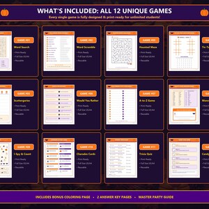 May include: A collection of 12 printable Halloween-themed activity sheets including a word search, word scramble, haunted maze, tic-tac-toe, scattergories, would you rather, A-to-Z game, monster name generator, I-spy, charades, trivia, and dice game.