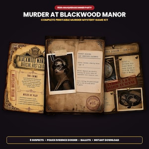 May include: A printable murder mystery game kit titled Murder at Blackwood Manor, featuring an official host guide, a suspect dossier for Lady Genevieve Blackwood, and an evidence dossier with a pocket watch and a masquerade mask graphic.
