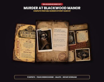 May include: A printable murder mystery game kit titled Murder at Blackwood Manor, featuring an official host guide, a suspect dossier for Lady Genevieve Blackwood, and an evidence dossier with a pocket watch and a masquerade mask graphic.
