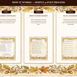 May include: A three-step instructional graphic titled HOW IT WORKS &ndash; SIMPLE 3-STEP PROCESS. It outlines purchasing, printing, and playing with Thanksgiving-themed game sheets decorated with autumn leaves and acorns in brown and gold tones.