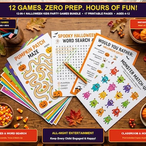 May include: A 12-in-1 Halloween kids party games bundle featuring 17 printable pages. The set includes a Pumpkin Patch Maze, a Spooky Halloween Word Search, a Would You Rather game, and a Monster Match-Up, all with colorful graphics.