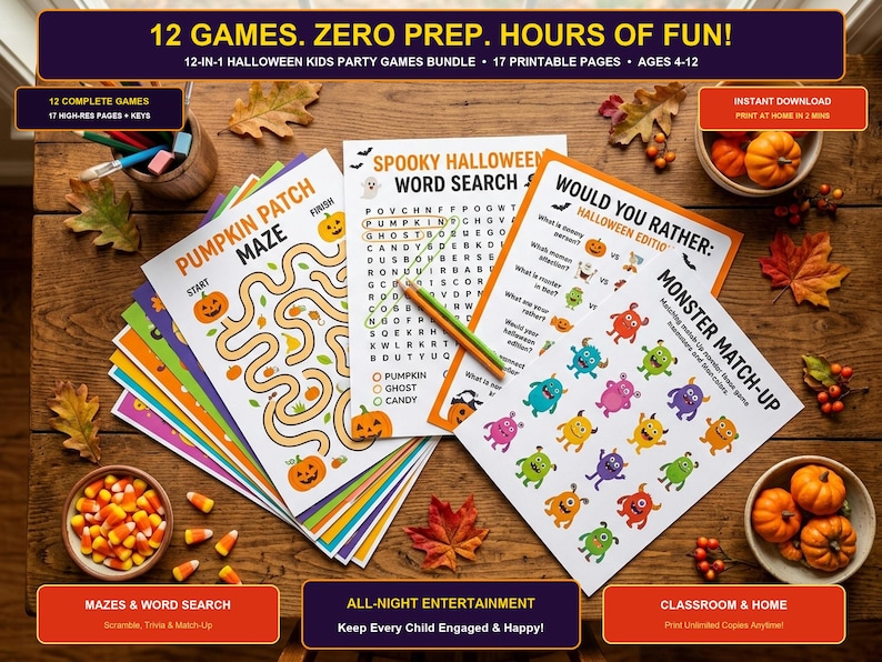 May include: A 12-in-1 Halloween kids party games bundle featuring 17 printable pages. The set includes a Pumpkin Patch Maze, a Spooky Halloween Word Search, a Would You Rather game, and a Monster Match-Up, all with colorful graphics.