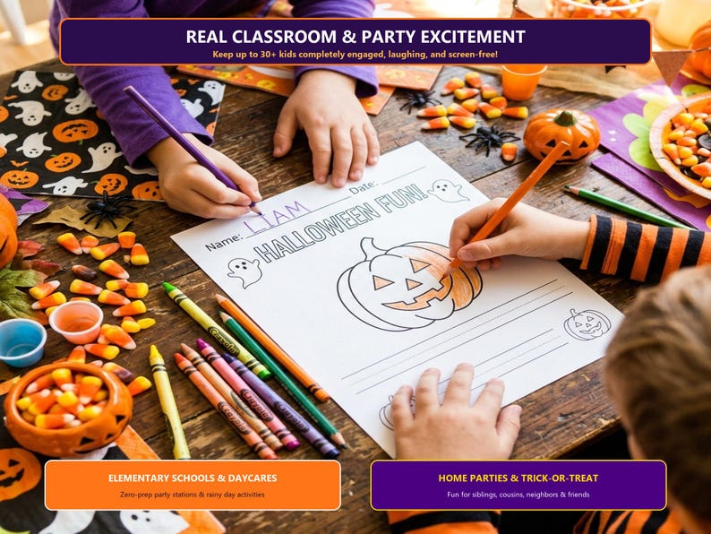 May include: A Halloween-themed activity sheet with the text HALLOWEEN FUN! featuring a pumpkin illustration, surrounded by crayons, candy corn, and small pumpkin decorations on a wooden table, with text overlays about classroom and party use.