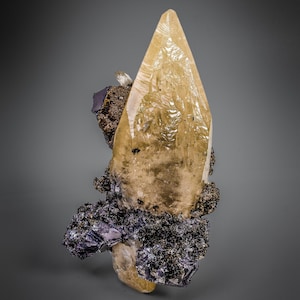 May include: A large, translucent, pale yellow calcite crystal point standing vertically. The base and sides of the crystal are partially encased in a cluster of dark, metallic, cubic galena crystals with a rough, textured, and reflective surface.
