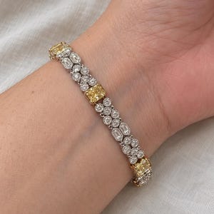 Two Tone Diamond Tennis Bracelet, Yellow Gold Accent Line Bracelet, Multi Shape Fine Jewelry