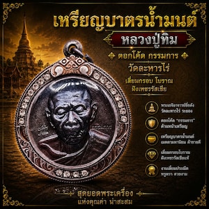 Könnte beinhalten: Ein kreisförmiger Anhänger in Bronzetönen mit einem Reliefporträt eines Mönchs, eingefasst in einen dekorativen Rahmen mit klaren Steinen. Der Hintergrund zeigt thailändischen Text, eine Tempelsilhouette und fünf runde Symbole mit Text.