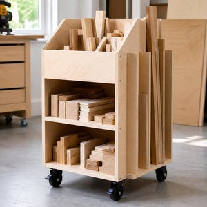 May include: A light-colored plywood lumber storage cart featuring a top bin, two open shelves, and vertical side slots for organizing wood scraps and boards. The mobile unit is constructed with four black swivel casters for easy movement.
