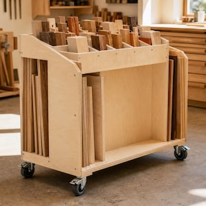 May include: A light-colored plywood lumber storage cart on four swivel casters. The cart features a top section with multiple vertical dividers for storing small wood blocks and side slots for holding long, flat wooden boards upright.