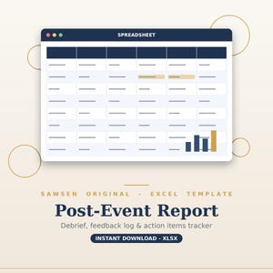 Op de afbeelding: Een digitaal spreadsheet-sjabloon getiteld Post-Event Report, Debrief, feedback log & action items tracker. De afbeelding toont een gegevenstabel met een staafdiagram in de rechterbenedenhoek en de tekst Sawsen Original - Excel Template.