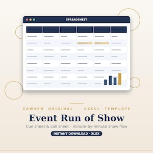 Può includere: Un modello di foglio di calcolo digitale intitolato Event Run of Show, con un'intestazione blu scuro, una griglia con righe azzurre e un grafico a barre. Il testo recita Sawsen Original Excel Template, Event Run of Show, Cue sheet & call sheet - minute-by-minute show flow e Instant Download - XLSX.