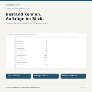 Könnte beinhalten: Eine Excel-Datei zur Lager- und Auftragsverwaltung mit dem Text BAUFORMULARDE, Lager- & Auftragsmanager / Excel, Bestand kennen. Aufträge im Blick. Eine verbundene Excel-Datei für kleine Shops sowie eine Datentabelle mit Werten.