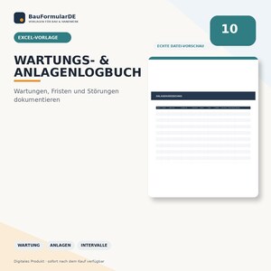 Peut inclure: Un modèle Excel intitulé WARTUNGS- & ANLAGENLOGBUCH pour documenter la maintenance, les délais et les pannes. L'image affiche un aperçu de la feuille de calcul avec un en-tête nommé ANLAGENVERZEICHNIS et une grille pour la saisie.